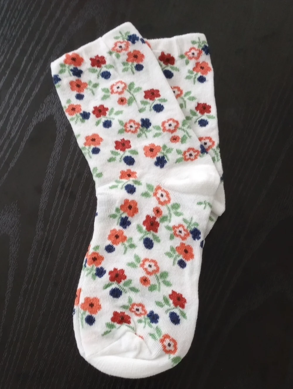 White Ditsy Floral Crew Socks with Coral, Navy & Green Floral Print